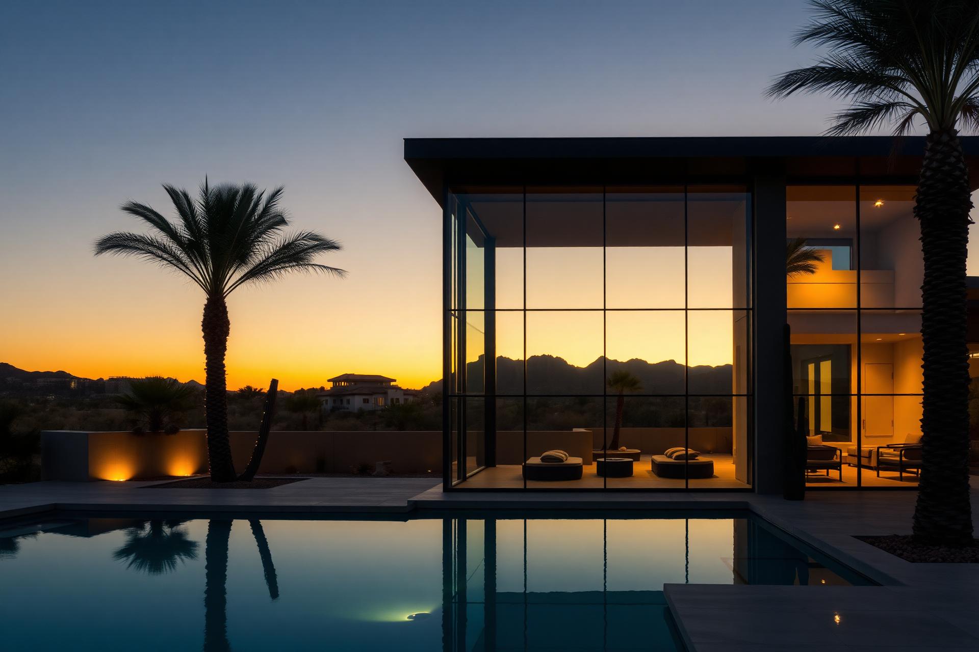 Luxury desert mansion with floor to ceiling glass at golden hour